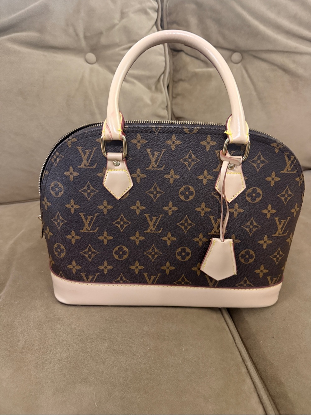 Monogram Canvas Dome Satchel in Brown with Light Cream Trim